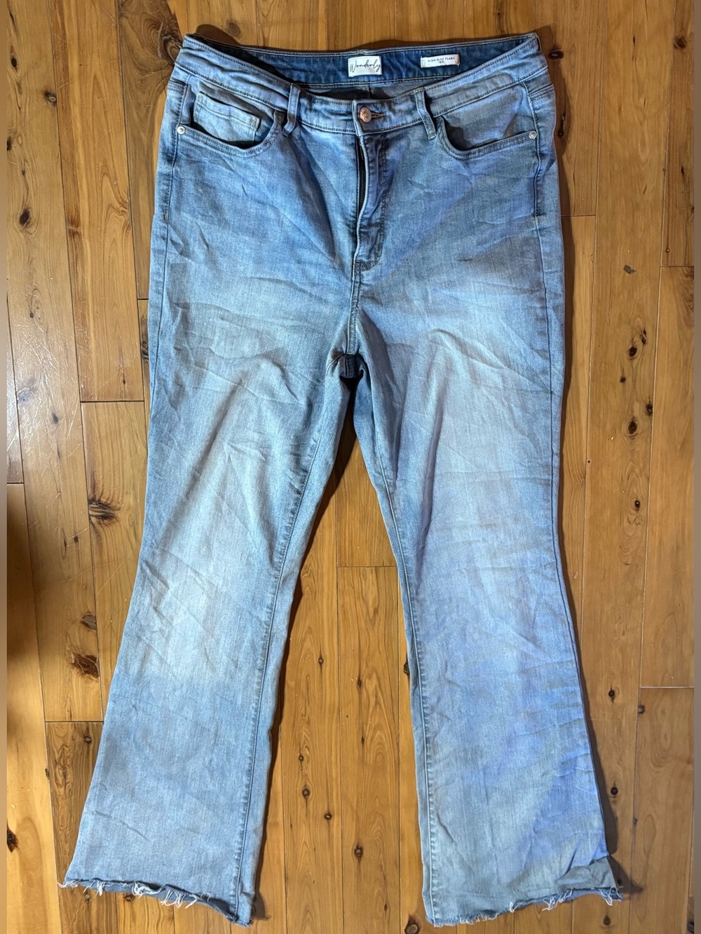 Wonderly High Rise Flare Jeans Sz 12R Medium Wash Stretch Denim Raw Hem Hippie